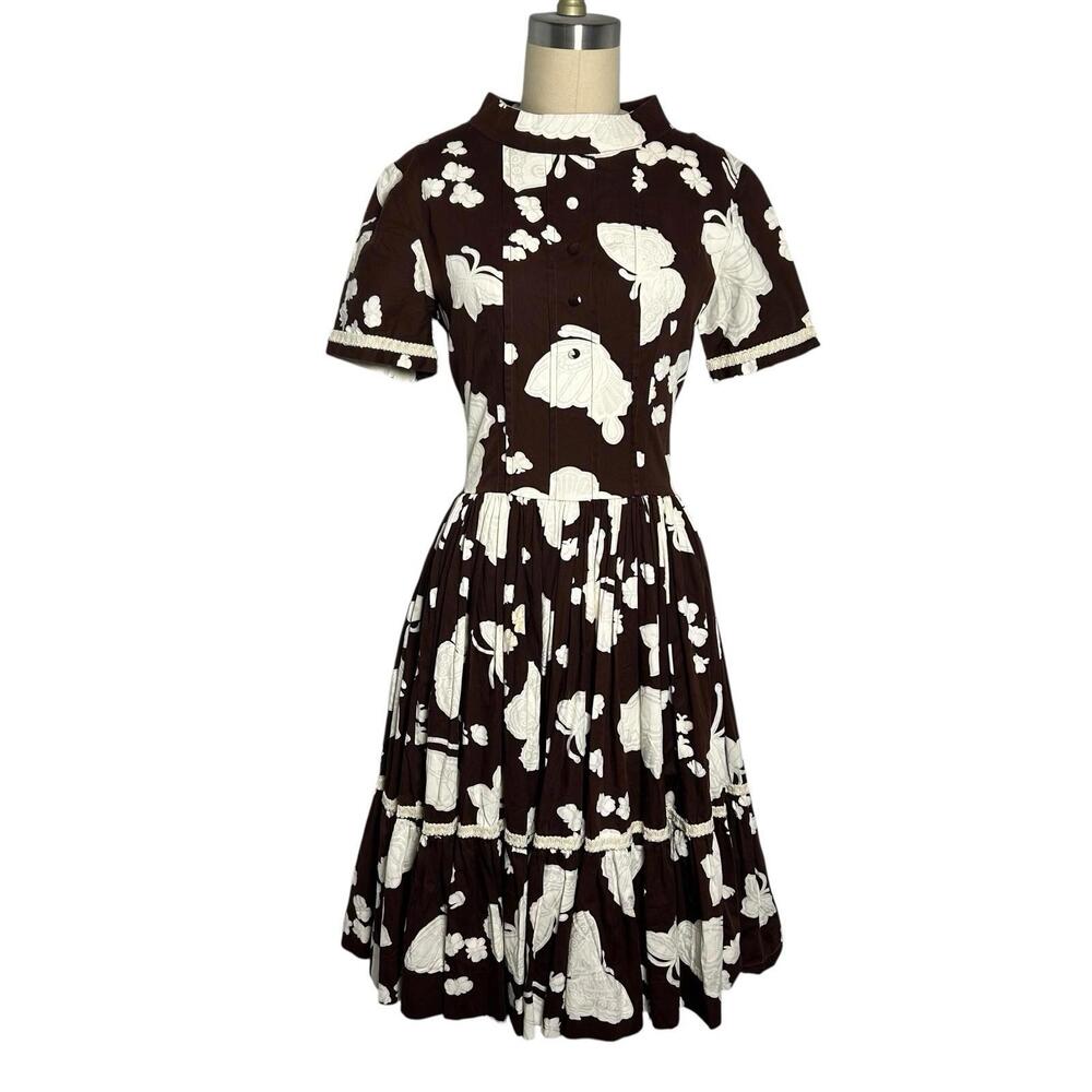 Vintage 70s Brown Butterfly Print Prairie Dress High Neck Cotton SMALL